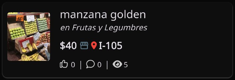 Mira este producto: manzana goldenPrecio: $40.0Ubicación: I-105Link: 